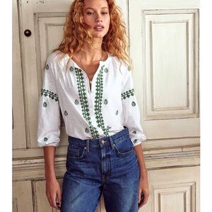 Boden Embroidered Peasant Top with Green Detailing